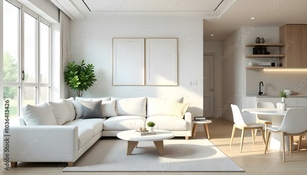 Poster frame mock up in modern home living room interior with white sofa and coffee table with decor, 3d render Poster frame mock up in modern home living room interior with white sofa and coffee table with decor, 3d render