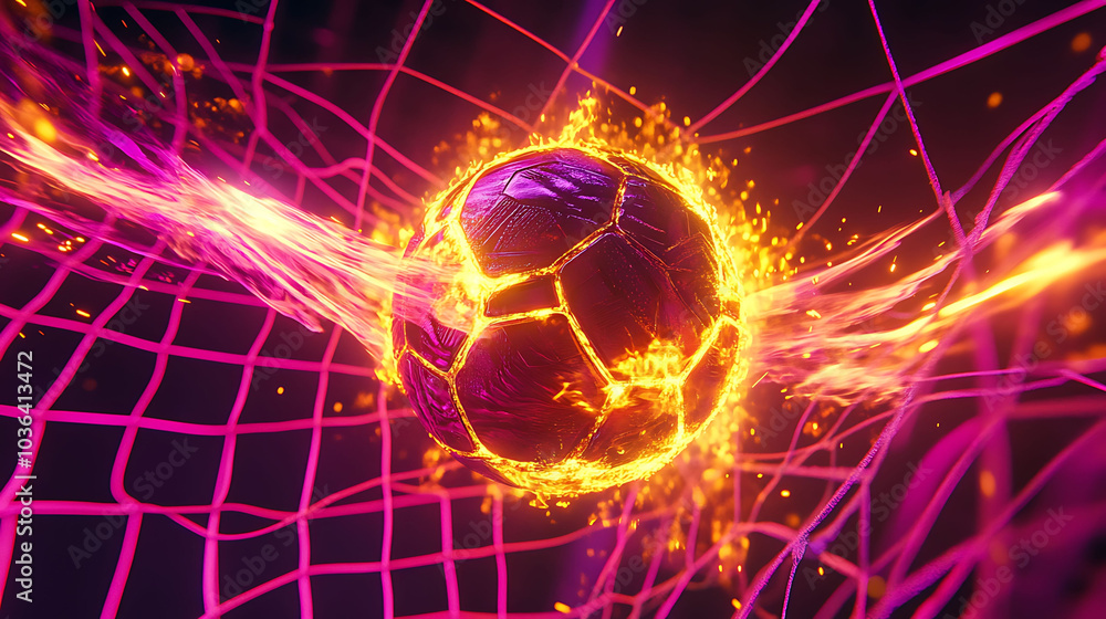A flaming soccer ball flies into the net, creating a powerful and dynamic image representing passion and energy. A flaming soccer ball flies into the net, creating a powerful and dynamic image representing passion and energy.
