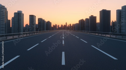 Urban Roadway at Sunset with City Skyline