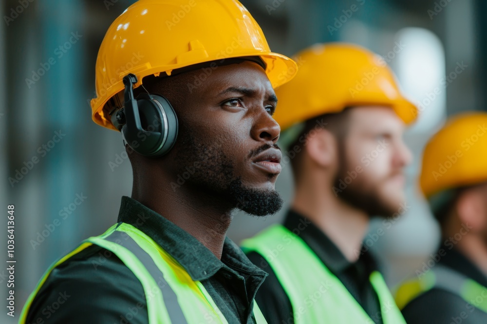 Construction Workers with Headphones at Job Site Construction Workers with Headphones at Job Site