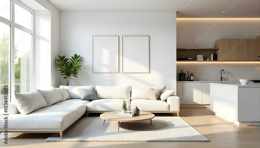 Poster frame mock up in modern home living room interior with white sofa and coffee table with decor, 3d render Poster frame mock up in modern home living room interior with white sofa and coffee table with decor, 3d render