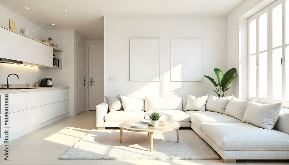 Poster frame mock up in modern home living room interior with white sofa and coffee table with decor, 3d render Poster frame mock up in modern home living room interior with white sofa and coffee table with decor, 3d render