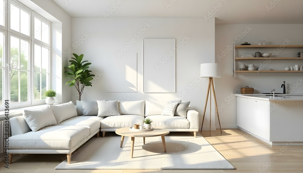 Poster frame mock up in modern home living room interior with white sofa and coffee table with decor, 3d render Poster frame mock up in modern home living room interior with white sofa and coffee table with decor, 3d render