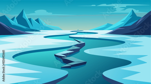 Winding pathways of shattered ice leading to the serene shores of the glacial lake.