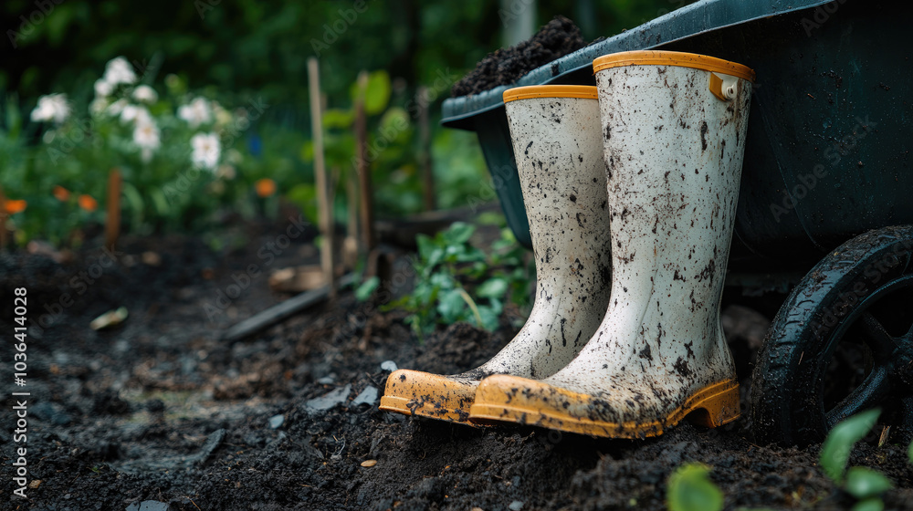 Obraz premium A pair of rubber rain boots leaning against a wheelbarrow, with a garden background and wet soil, showing the boots after a rainy days work.