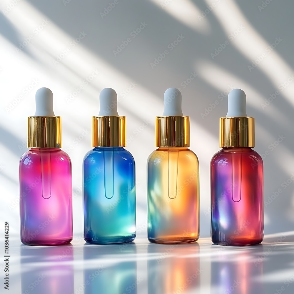Four Colorful Glass Dropper Bottles with Golden Caps on White Background. Four Colorful Glass Dropper Bottles with Golden Caps on White Background.
