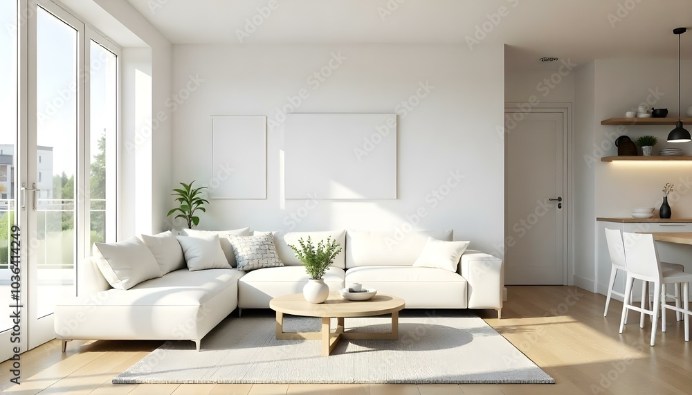 Poster frame mock up in modern home living room interior with white sofa and coffee table with decor, 3d render Poster frame mock up in modern home living room interior with white sofa and coffee table with decor, 3d render