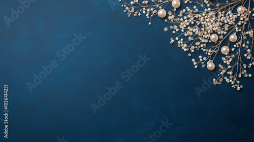 Glistening diamonds and pearls on a dark blue satin background © Kingdola