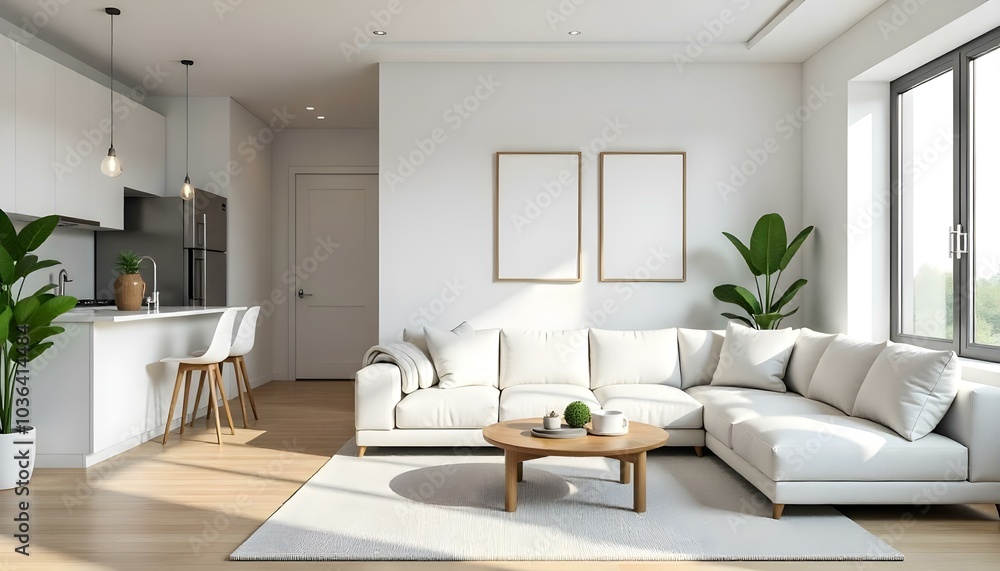 Poster frame mock up in modern home living room interior with white sofa and coffee table with decor, 3d render Poster frame mock up in modern home living room interior with white sofa and coffee table with decor, 3d render