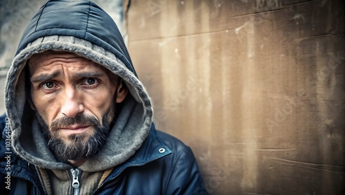 A portrait of resilience the story behind the eyes of a man experiencing homelessness and struggles in urban life photo