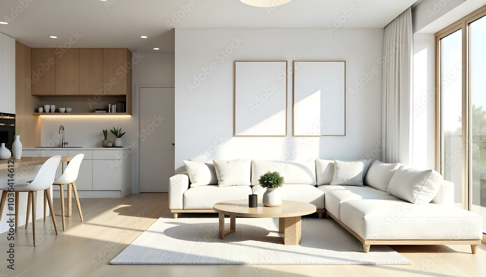 Poster frame mock up in modern home living room interior with white sofa and coffee table with decor, 3d render Poster frame mock up in modern home living room interior with white sofa and coffee table with decor, 3d render