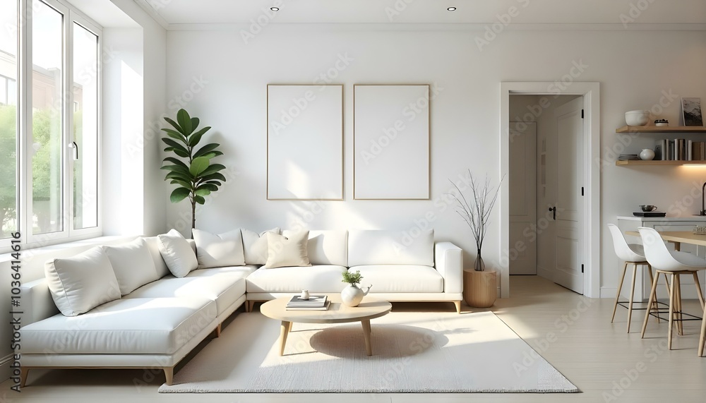 Poster frame mock up in modern home living room interior with white sofa and coffee table with decor, 3d render Poster frame mock up in modern home living room interior with white sofa and coffee table with decor, 3d render