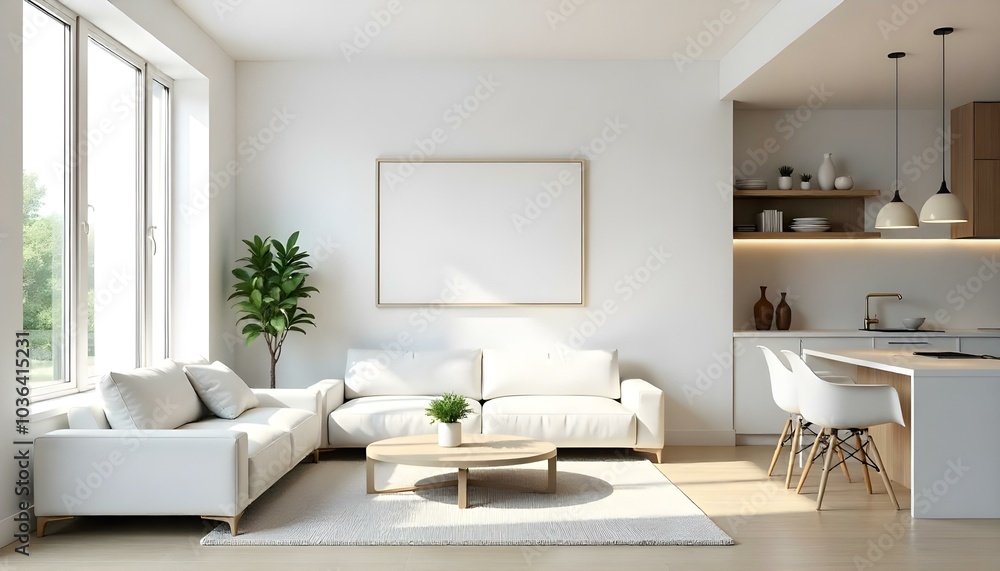 Poster frame mock up in modern home living room interior with white sofa and coffee table with decor, 3d render Poster frame mock up in modern home living room interior with white sofa and coffee table with decor, 3d render