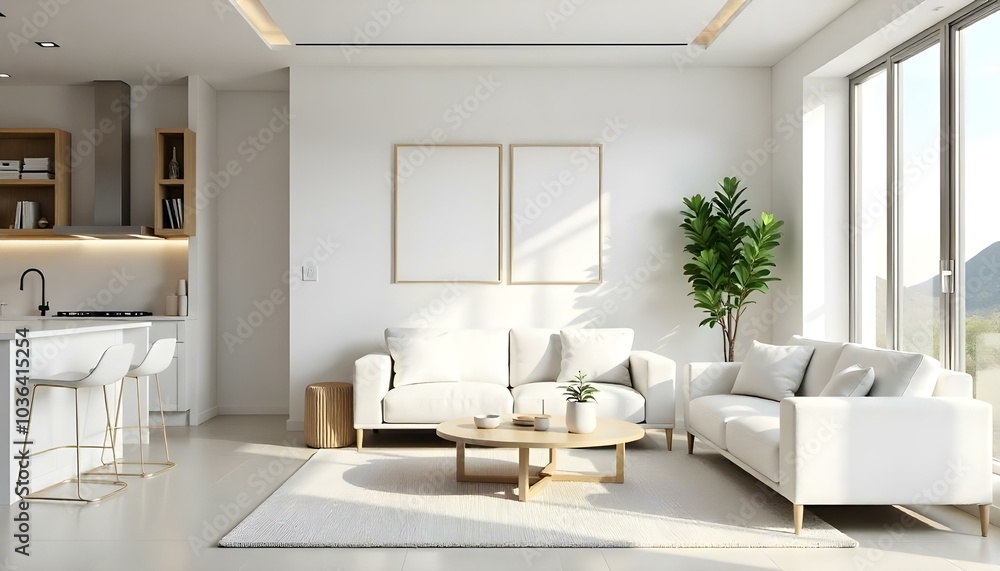Poster frame mock up in modern home living room interior with white sofa and coffee table with decor, 3d render Poster frame mock up in modern home living room interior with white sofa and coffee table with decor, 3d render