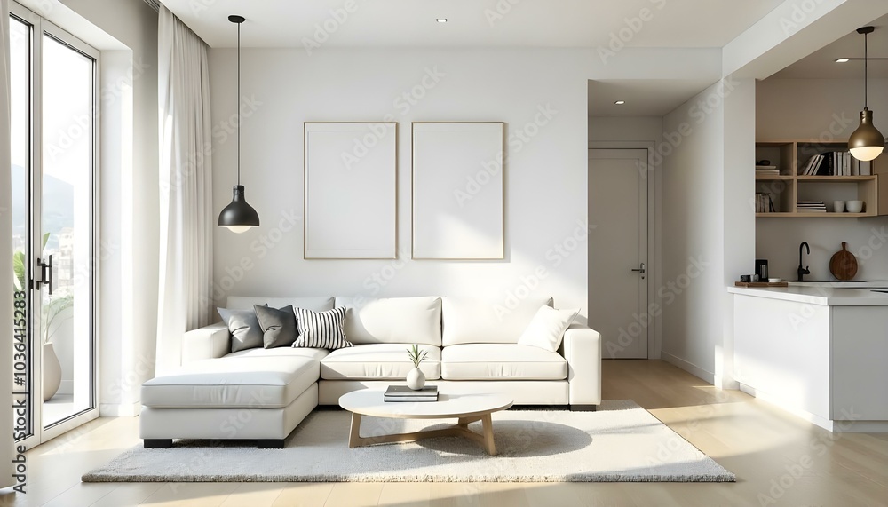 Poster frame mock up in modern home living room interior with white sofa and coffee table with decor, 3d render Poster frame mock up in modern home living room interior with white sofa and coffee table with decor, 3d render