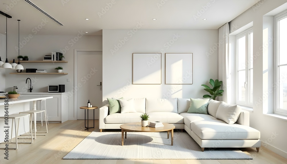 Poster frame mock up in modern home living room interior with white sofa and coffee table with decor, 3d render Poster frame mock up in modern home living room interior with white sofa and coffee table with decor, 3d render