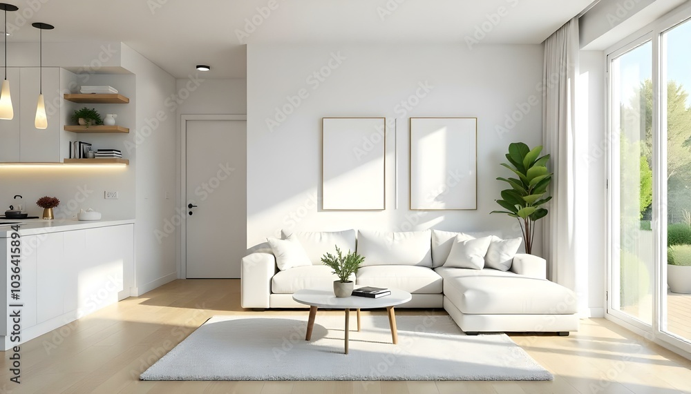 Poster frame mock up in modern home living room interior with white sofa and coffee table with decor, 3d render Poster frame mock up in modern home living room interior with white sofa and coffee table with decor, 3d render