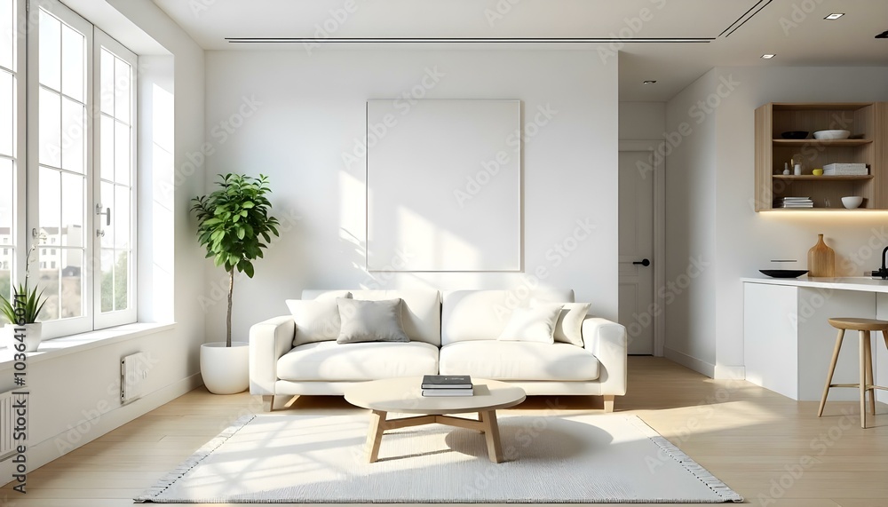 Poster frame mock up in modern home living room interior with white sofa and coffee table with decor, 3d render Poster frame mock up in modern home living room interior with white sofa and coffee table with decor, 3d render