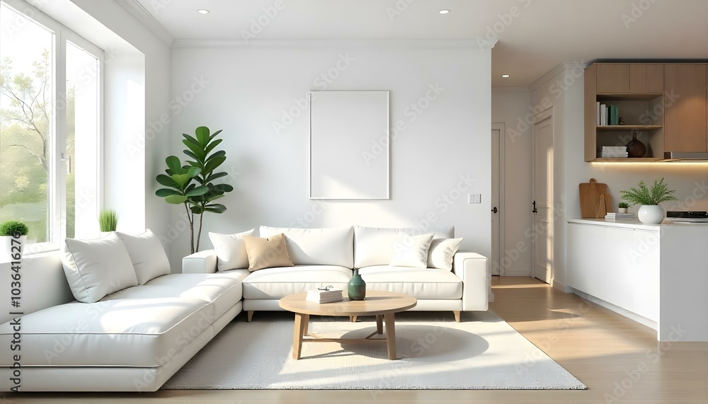 Poster frame mock up in modern home living room interior with white sofa and coffee table with decor, 3d render Poster frame mock up in modern home living room interior with white sofa and coffee table with decor, 3d render