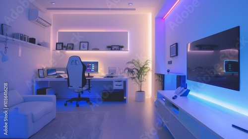 Minimalist tech room, soft lighting