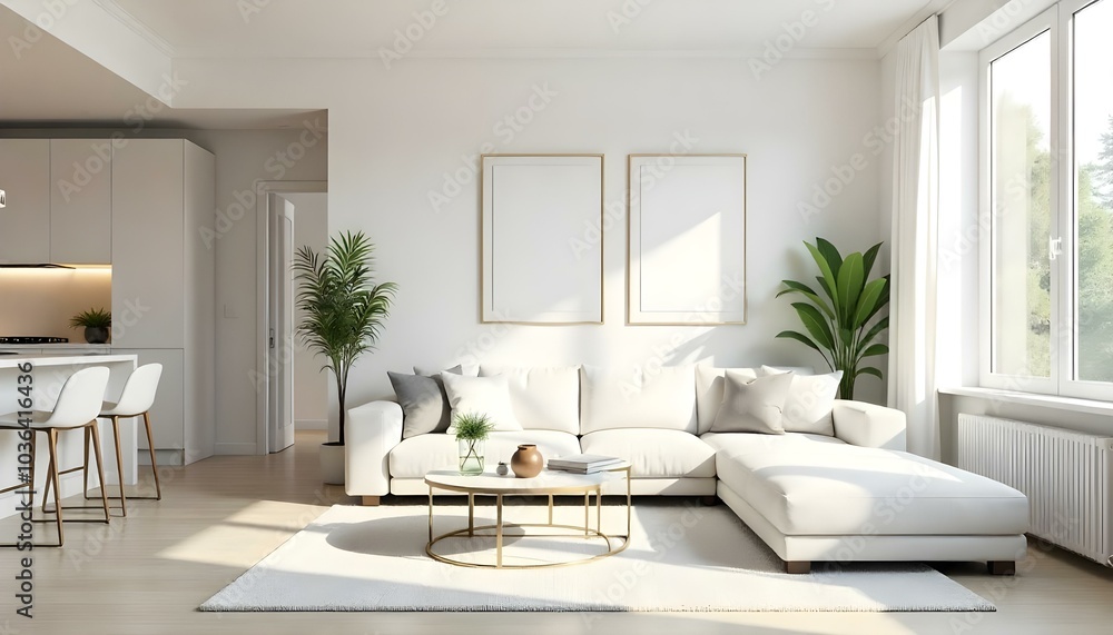Poster frame mock up in modern home living room interior with white sofa and coffee table with decor, 3d render Poster frame mock up in modern home living room interior with white sofa and coffee table with decor, 3d render