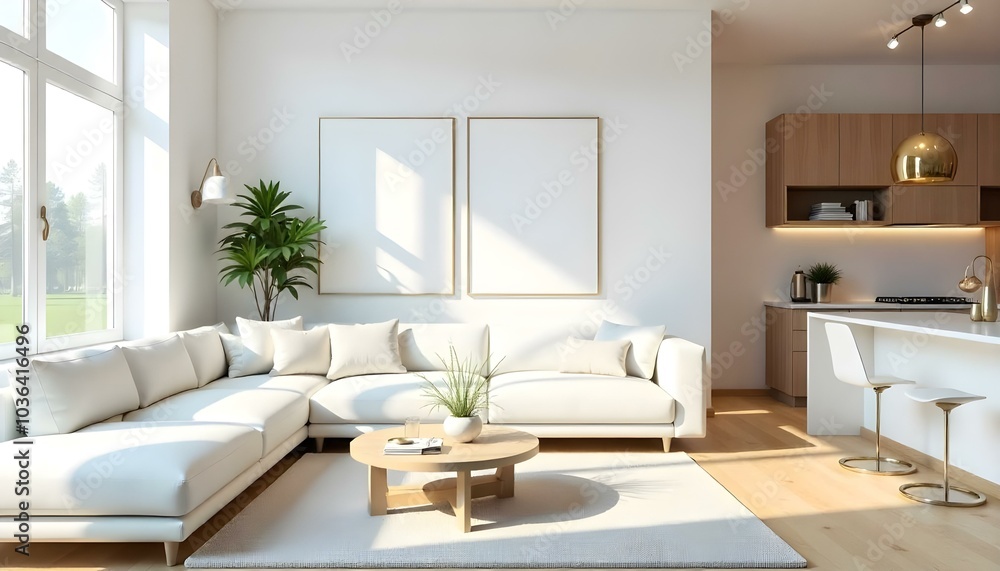 custom made wallpaper toronto digitalPoster frame mock up in modern home living room interior with white sofa and coffee table with decor, 3d render