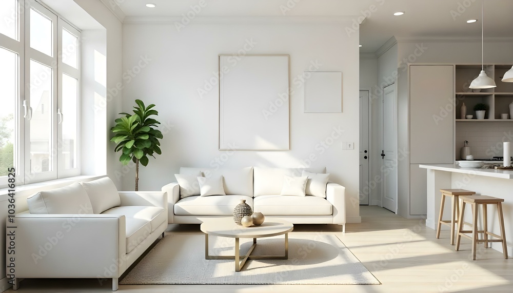 Poster frame mock up in modern home living room interior with white sofa and coffee table with decor, 3d render Poster frame mock up in modern home living room interior with white sofa and coffee table with decor, 3d render