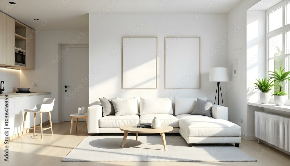 Poster frame mock up in modern home living room interior with white sofa and coffee table with decor, 3d render Poster frame mock up in modern home living room interior with white sofa and coffee table with decor, 3d render