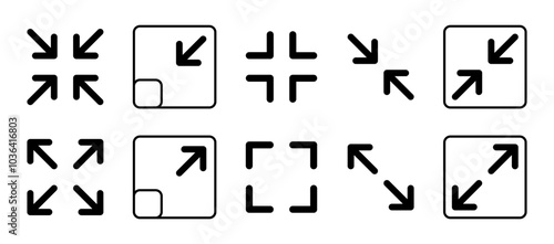 Minimize and maximize icon set icon rally compact size icon small large scale arrow. Full screen, expand, reduce, small screen. Shrink enlarge icons resize in arrows. Vector illustration
