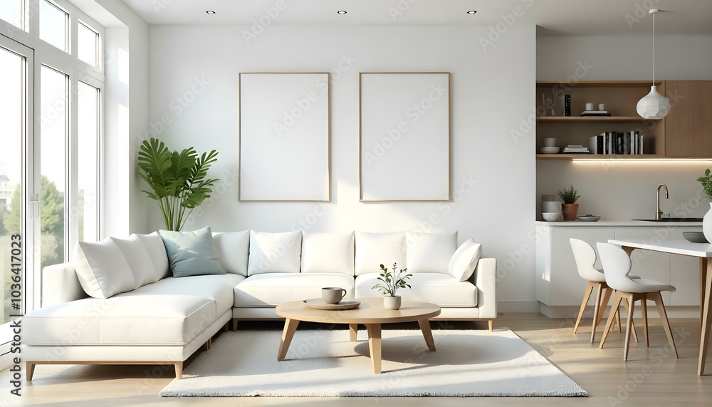 Poster frame mock up in modern home living room interior with white sofa and coffee table with decor, 3d render Poster frame mock up in modern home living room interior with white sofa and coffee table with decor, 3d render