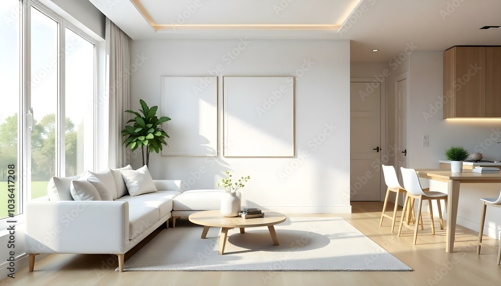 Poster frame mock up in modern home living room interior with white sofa and coffee table with decor, 3d render Poster frame mock up in modern home living room interior with white sofa and coffee table with decor, 3d render