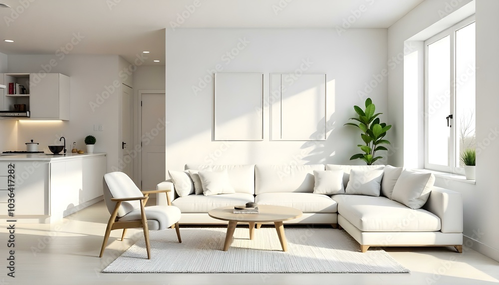 Poster frame mock up in modern home living room interior with white sofa and coffee table with decor, 3d render Poster frame mock up in modern home living room interior with white sofa and coffee table with decor, 3d render