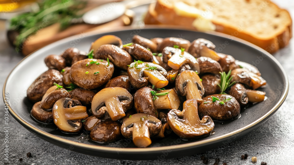 A plate of pickled honey mushrooms served alongside rye bread and butter, ready for a traditional appetizer. --chaos A plate of pickled honey mushrooms served alongside rye bread and butter, ready for a traditional appetizer. --chaos