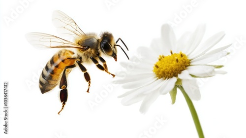 A bee hovering near a small flower placed on a white background, with its wings in motion and body perfectly detailed.