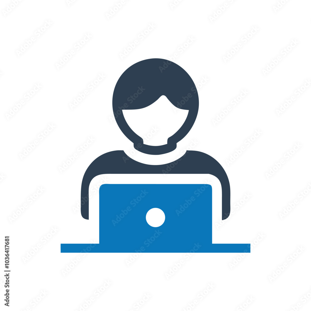 Person sitting at a computer icon on white background Person sitting at a computer icon on white background