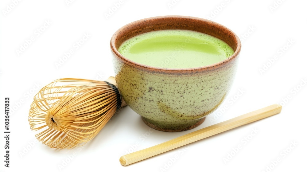 A cup of matcha tea with a bamboo whisk beside it, placed on a white background, highlighting the vibrant green color of the tea. Fresh and healthy. A cup of matcha tea with a bamboo whisk beside it, placed on a white background, highlighting the vibrant green color of the tea. Fresh and healthy.