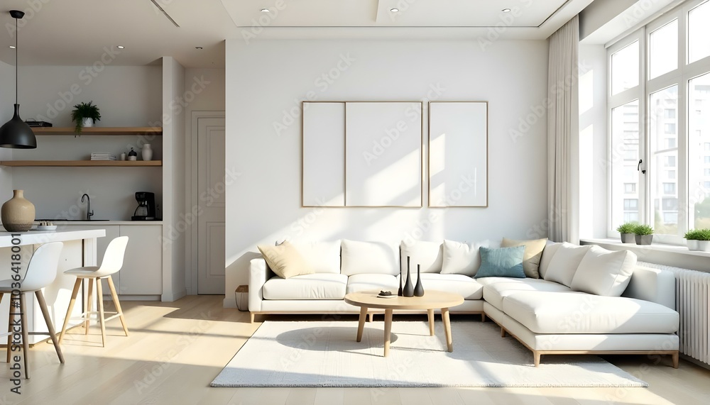 Poster frame mock up in modern home living room interior with white sofa and coffee table with decor, 3d render Poster frame mock up in modern home living room interior with white sofa and coffee table with decor, 3d render