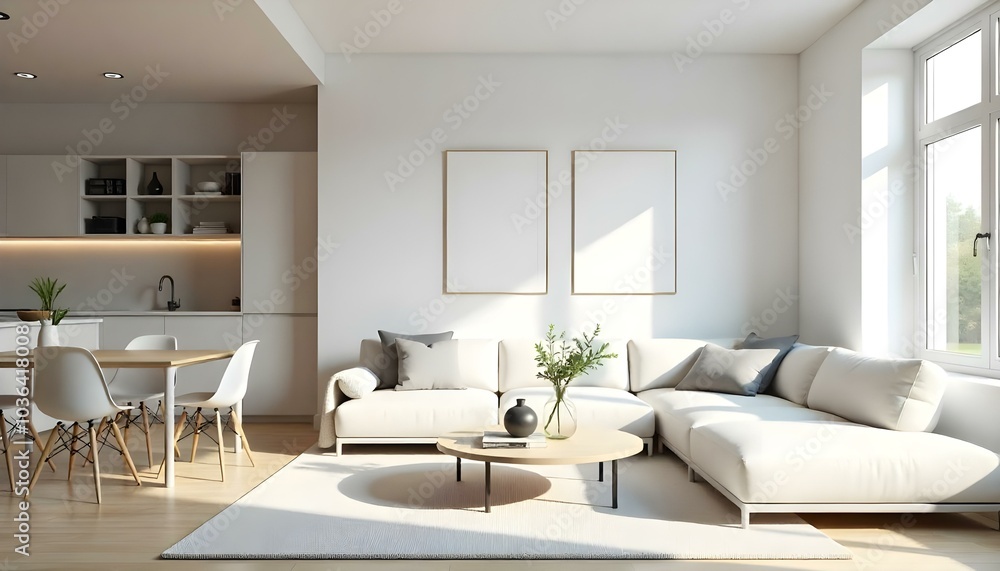 Poster frame mock up in modern home living room interior with white sofa and coffee table with decor, 3d render Poster frame mock up in modern home living room interior with white sofa and coffee table with decor, 3d render