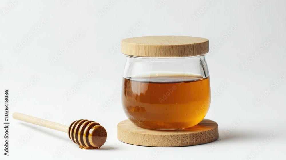 A glass jar of honey with the lid off, a honey dipper resting inside, all set against a pristine white background. Clean and inviting. A glass jar of honey with the lid off, a honey dipper resting inside, all set against a pristine white background. Clean and inviting.