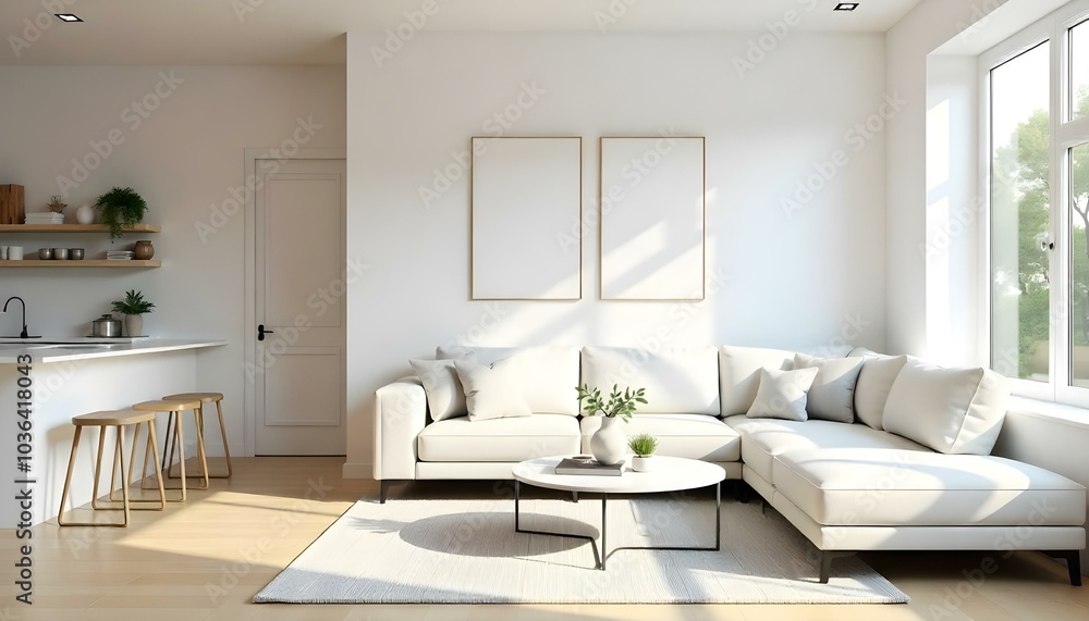 Poster frame mock up in modern home living room interior with white sofa and coffee table with decor, 3d render Poster frame mock up in modern home living room interior with white sofa and coffee table with decor, 3d render