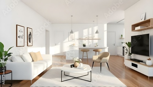 Poster frame mock up in modern home living room interior with white sofa and coffee table with decor, 3d render