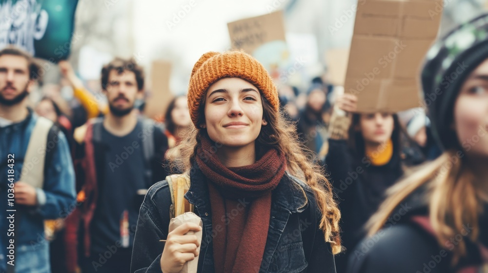 Obraz premium A group of activists marching in a city protest for environmental sustainability, Advocacy scene, Documentary style
