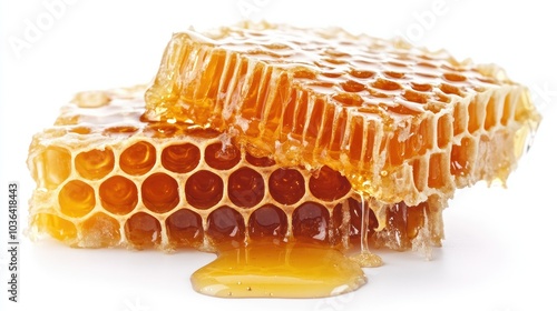 A honeycomb slice with honey dripping from it, placed on a white background. Natural and raw, emphasizing the purity of the product.