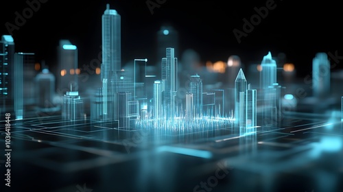 Glowing Futuristic Cityscape Skyline at Nighttime with Tall Illuminated Skyscrapers and Neon Lights in an Abstract Digital Landscape
