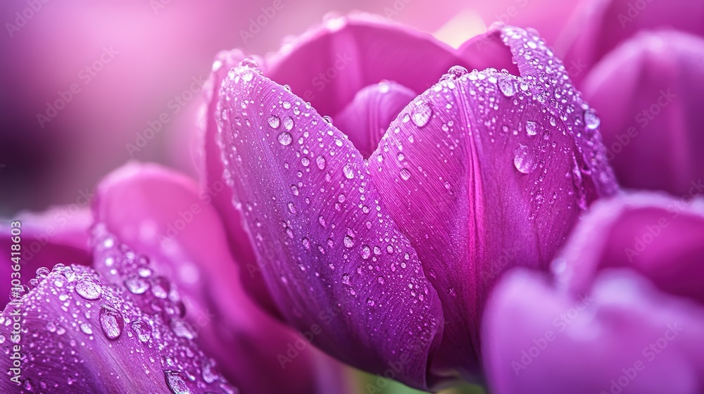Close-up flower garden dew drops on purple tulip flower petals. Flowers in Full Image with LED Lights and white Background Close-up flower garden dew drops on purple tulip flower petals. Flowers in Full Image with LED Lights and white Background