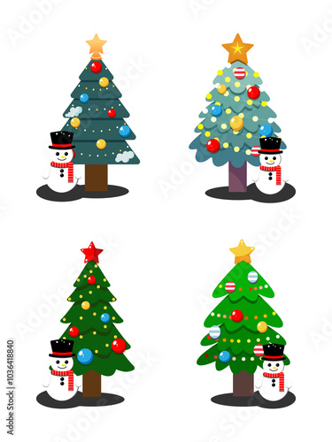 Flat Vector Christmas Tree with Colorful Lights Ornaments and candy with snowman and gift box