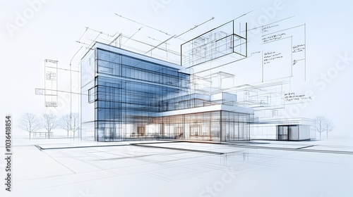 Futuristic architectural blueprint showcasing the design of a cutting edge glass paneled commercial building set against the backdrop of a vibrant urban cityscape  The modern
