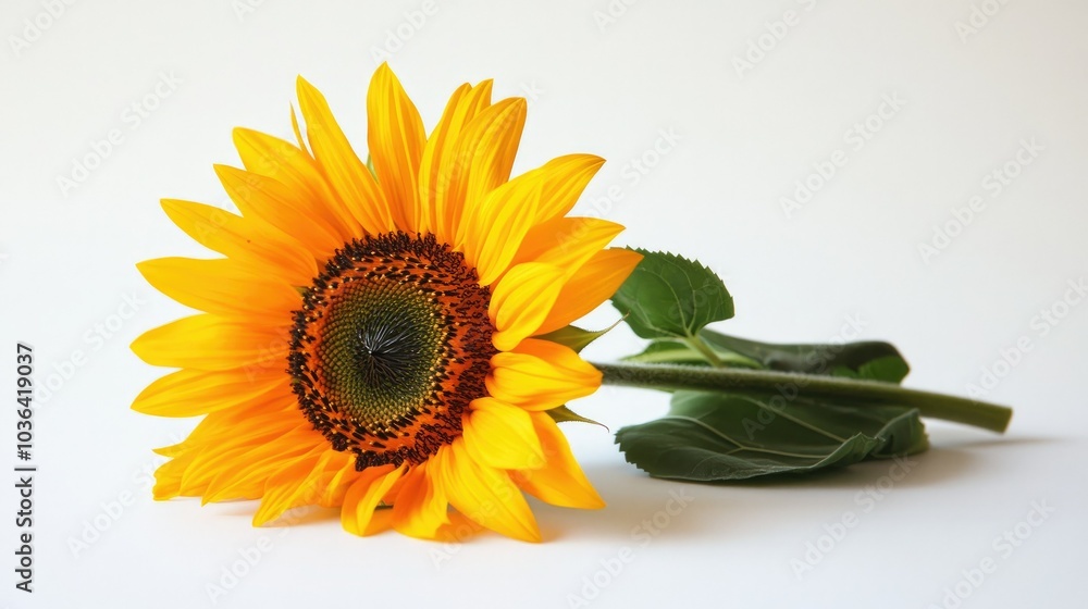 Fototapeta premium A single vibrant sunflower in full bloom, placed on a crisp white background. Bright yellow petals contrast with the simplicity of the setting.