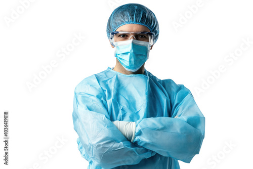 Portrait of a masked surgeon isolated on white background. photo