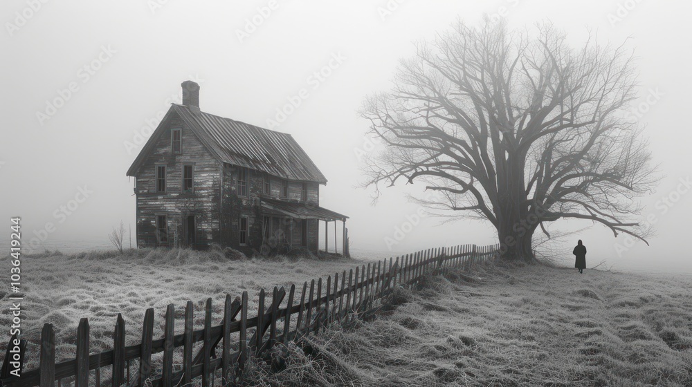 Mysterious Foggy Landscape with Abandoned House Mysterious Foggy Landscape with Abandoned House